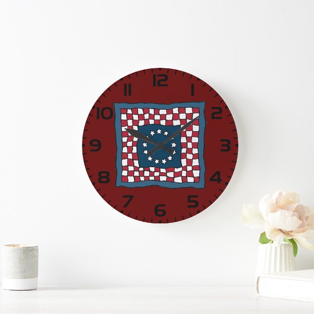 Rustic Patriotic Americana Quilt Pattern USA Art  Large Clock (Creator Uploaded)