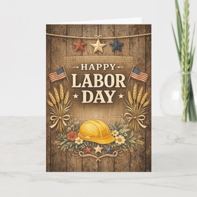 Rustic Patriotic Barnwood Happy Labor Day Card (Front)