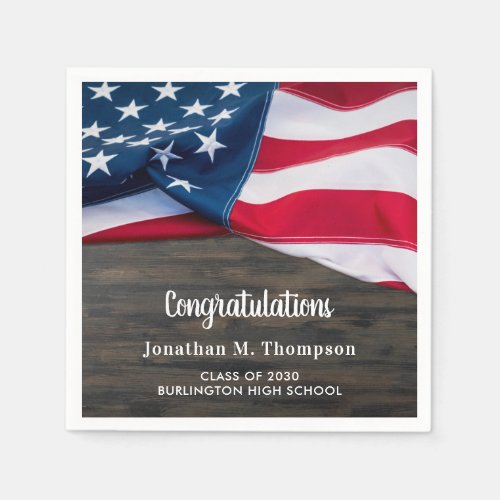 Rustic Patriotic Graduation American Flag Military Napkins - Patriotic American Flag Military Graduation Party Napkins. Host your patriotic graduation party with this USA flag patriotic graduation party napkins. USA American flag modern red white and blue design on rustic wood... This military graduation napkins are also perfect for military retirement parties. See our collection for matching military graduation invitations, gifts, party favors, and supplies.  COPYRIGHT © 2021 Judy Burrows, Black Dog Art - All Rights Reserved. Rustic Patriotic Graduation American Flag Military Napkins