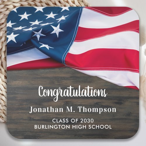 Rustic Patriotic Graduation American Flag Military Square Paper Coaster