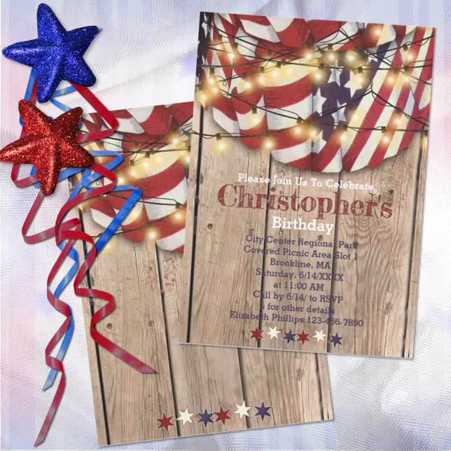 Rustic Patriotic Red White Blue Birthday Invitation | Zazzle