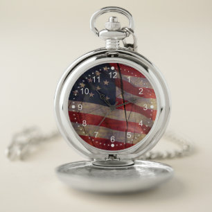 Rustic Patriotic Red White Blue US Flag Segment Pocket Watch