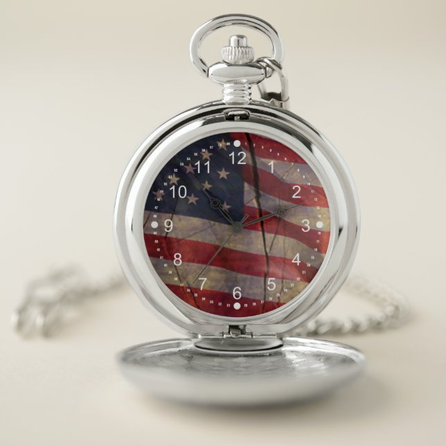 Rustic Patriotic Red White Blue US Flag Segment Pocket Watch (Inside)