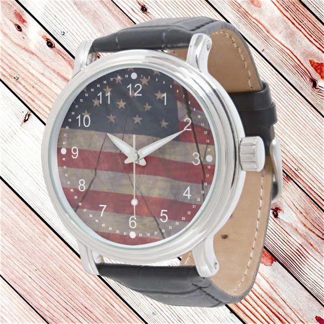Rustic Patriotic Red White Blue US Flag Segment Watch (patriotic watch face with white numbers)