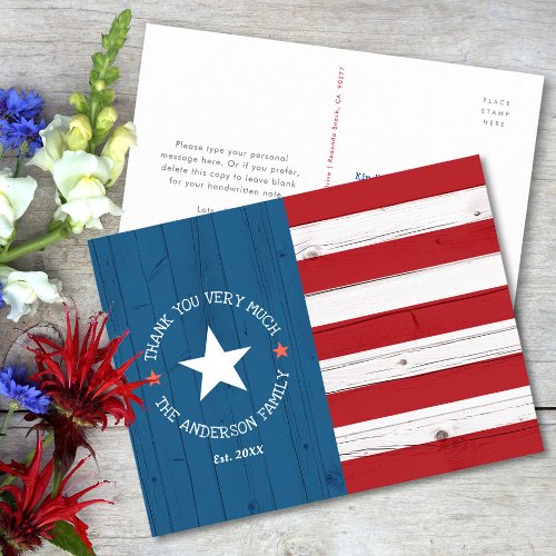 Rustic Patriotic Vintage American Flag Thank You Postcard