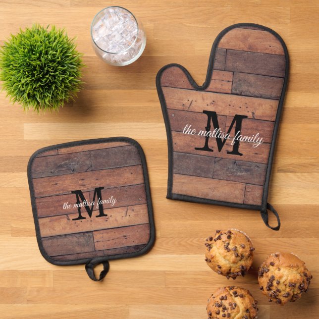 Rustic Pattern Monogram Initials Family Name  Oven Mitt & Pot Holder Set (Top Down)