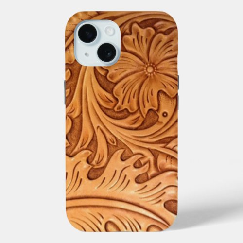 Rustic pattern western country tooled leather iPhone 15 case