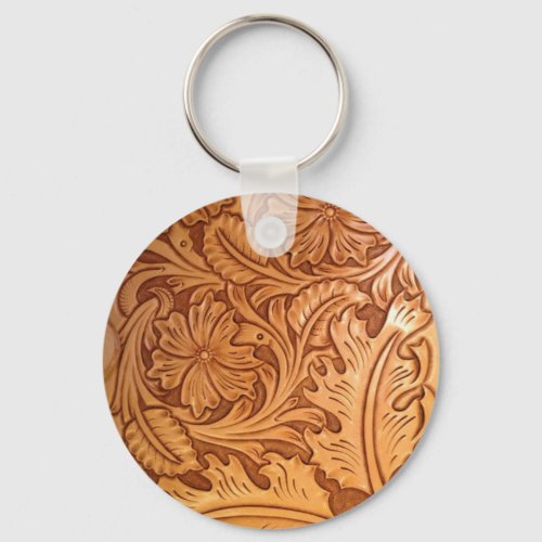 Rustic pattern western country tooled leather keychain