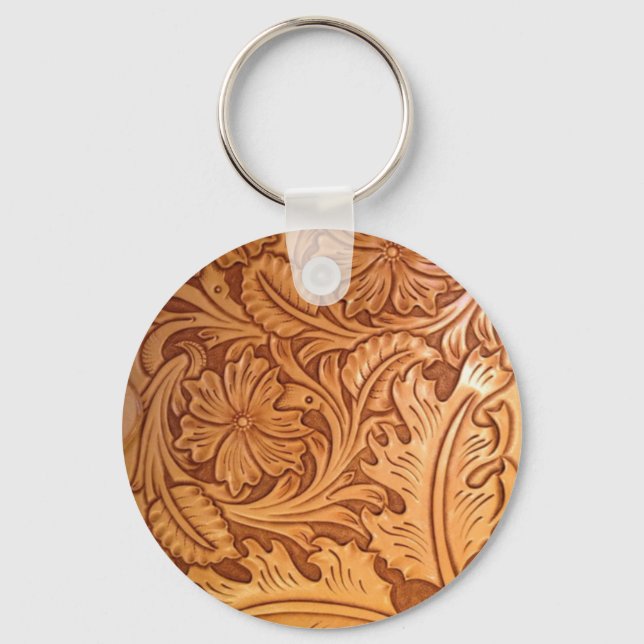 Rustic pattern western country tooled leather keychain (Front)