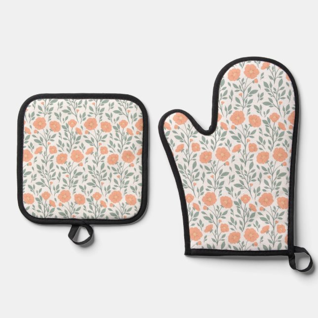 Rustic pattern with pink flowers  oven mitt & pot holder set (Front)