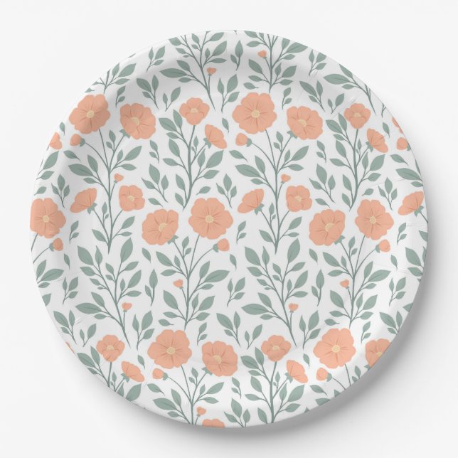 Rustic pattern with pink flowers  paper plates (Front)