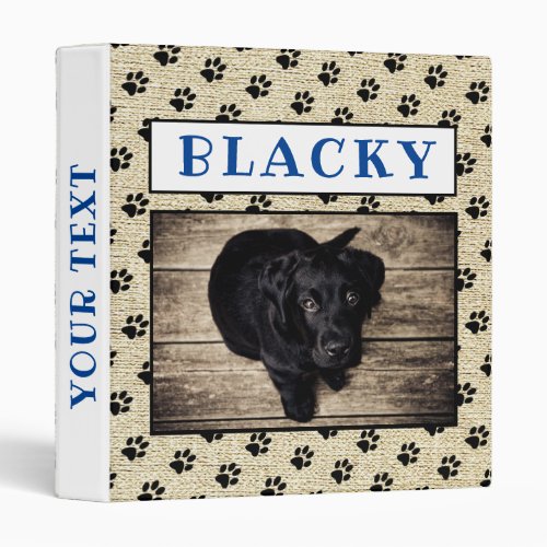 Rustic Paw Print Keepsake Pet Dog Photo Album 3 Ring Binder - Rustic Memory Keepsake Pet Dog Photo Album Binder. The binder has a photo of a pet, pet`s name and pattern of dog paw prints on a beige rustic texture. Personalize with your dog or any other pet photo and your dog or pet name and change or erase the text on the spine. A great keepsake gift, photo album, a scrapbook album, in memory of, notes and more for your dog or pet.