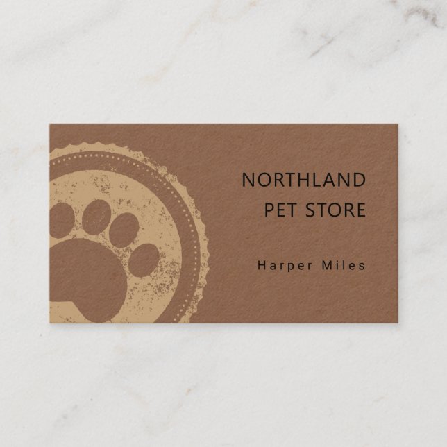 Rustic paw print logo groomer kraft business card (Front)