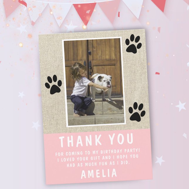Rustic Paw Print Pink Birthday Photo Thank you Card (Creator Uploaded)