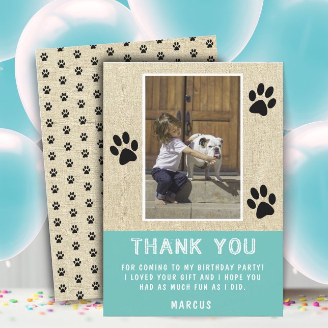 Rustic Paw Prints Blue Birthday Photo Thank you Card (Creator Uploaded)