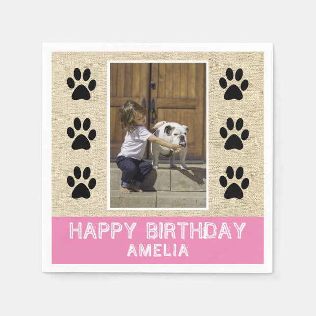 Rustic Paw Prints Kids Name Photo Birthday Party Napkins (Front)