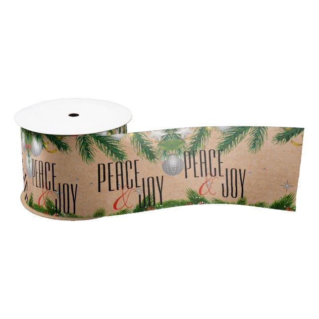 Rustic Peace And Joy Red Berries Leaves Christmas Satin Ribbon (Spool)