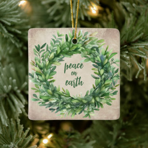 Rustic Peace on Earth Boxwood Watercolors Holiday Ceramic Ornament