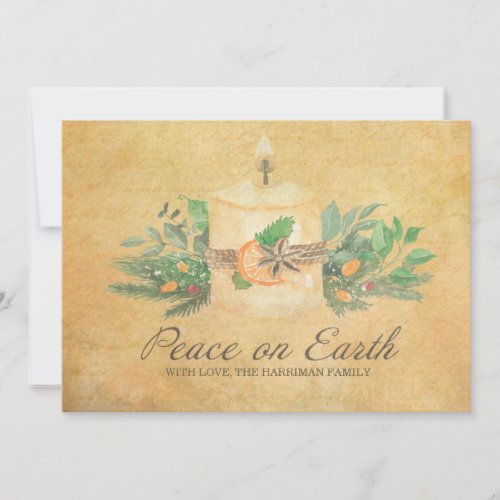 Rustic Peace on Earth Candle Winter Botanical Holiday Card