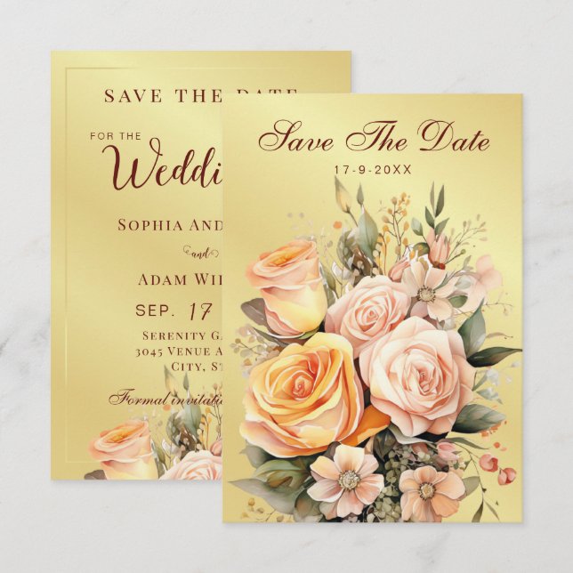 Rustic Peach and Gold Floral Wedding Save The Date (Front/Back)