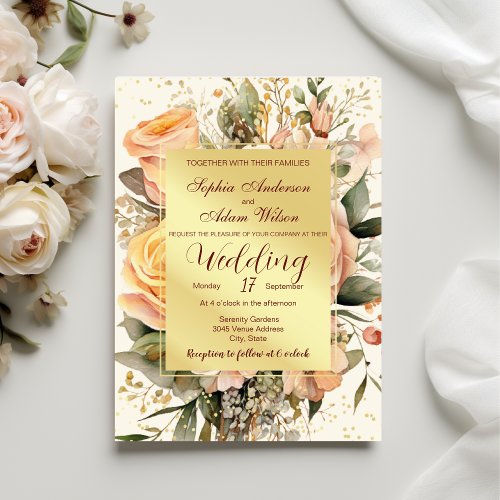 Rustic Peach and Gold Flowers Wedding Invitation