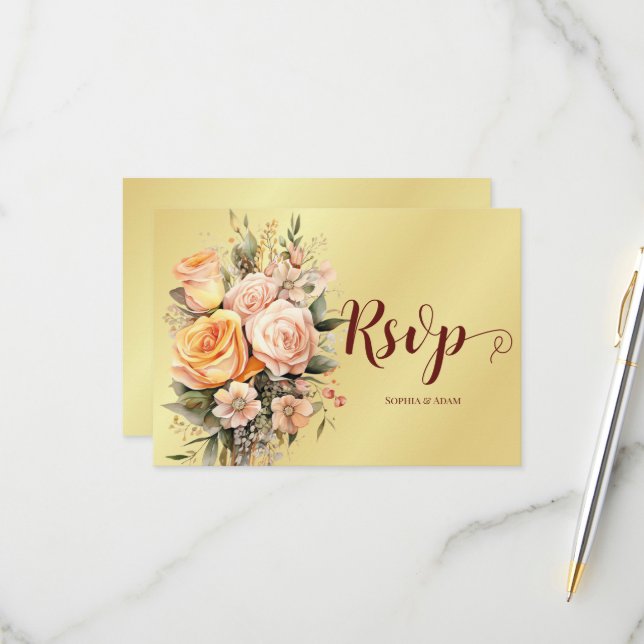 Rustic Peach and Gold Flowers Wedding RSPV Card (Front/Back In Situ)