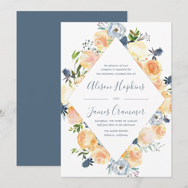 Rustic Peach and White Peony Wedding Invitation (Front/Back)