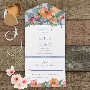 Rustic Peach Blue & White Floral No Dinner All In One Invitation