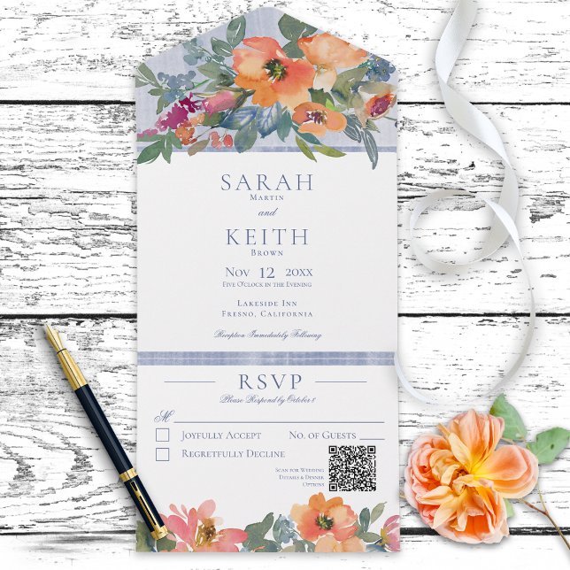 Rustic Peach Blue & White Floral QR Code All In One Invitation (Creator Uploaded)