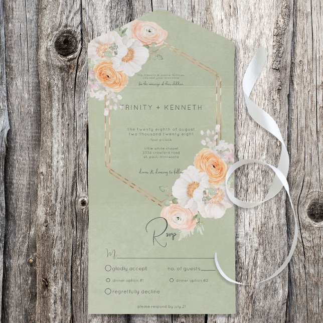 Rustic Peach Blush & White Floral Sage Dinner All In One Invitation (Creator Uploaded)