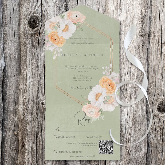 Rustic Peach Blush & White Floral Sage QR Code All In One Invitation (Creator Uploaded)
