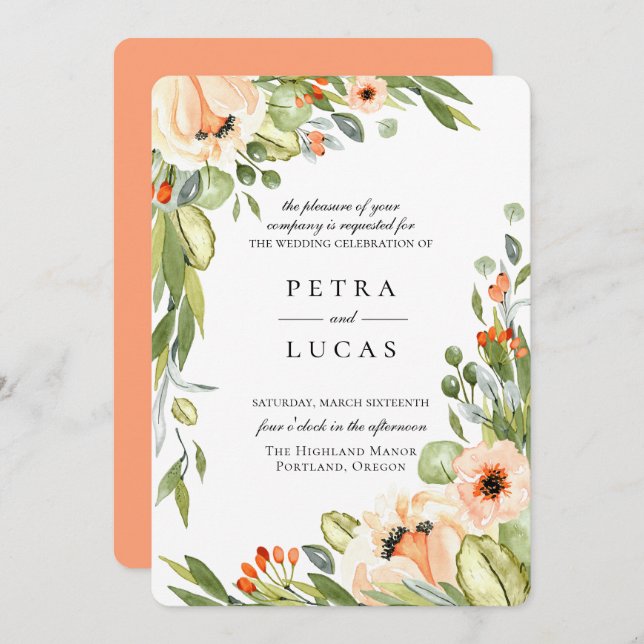 Rustic Peach Botanical Wedding Invitation (Front/Back)