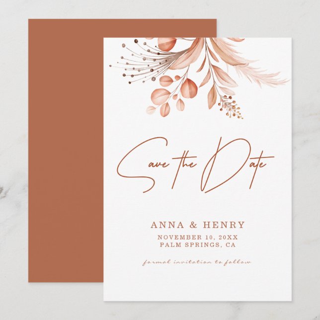 Rustic Peach Brown Watercolor Leaves Wedding  Invitation (Front/Back)