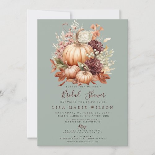 Rustic Peach Burgundy Pumpkins Fall Bridal Shower Invitation