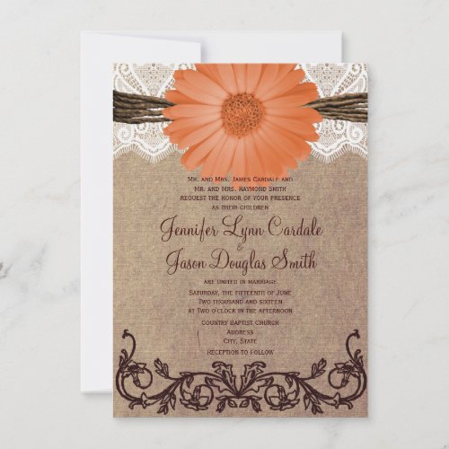 Rustic Peach Coral Daisy Flower Wedding Invitation