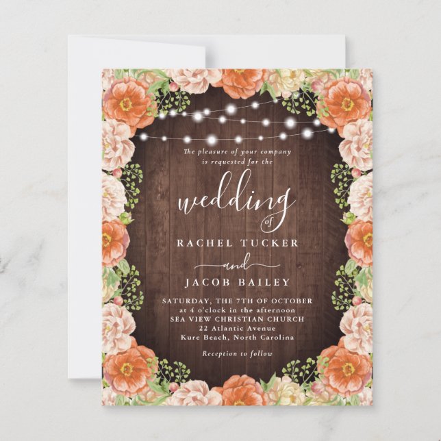 Rustic Peach Coral Floral Fall Wedding Invitation (Front)