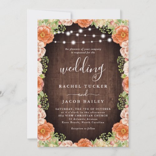 Rustic Peach Coral Floral Greenery Fall Wedding Invitation