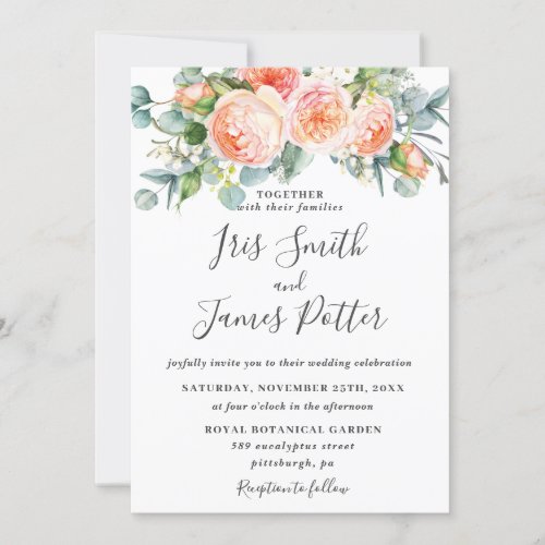 Rustic Peach Coral Garden Roses Floral Wedding Invitation