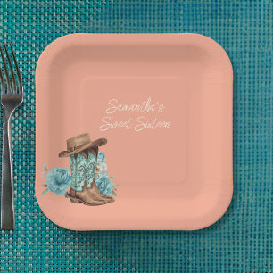 Rustic Peach Cowgirl Sweet Sixteen Birthday Paper Plates