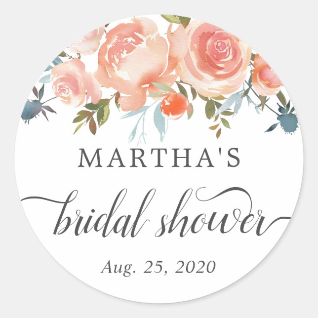 Rustic Peach Floral Bridal Shower Favor Sticker (Front)