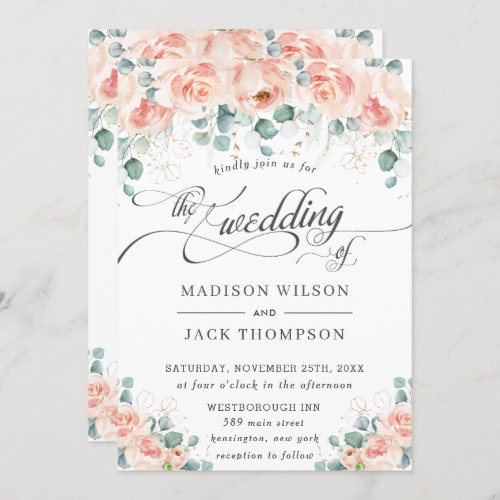 Rustic Peach Floral Calligraphy Greenery Wedding Invitation