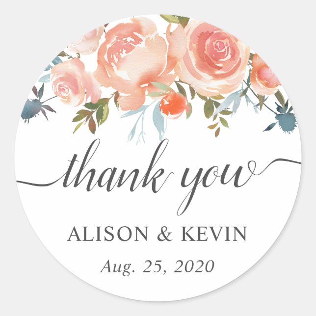 Rustic Peach Floral Calligraphy Thank You Sticker (Front)