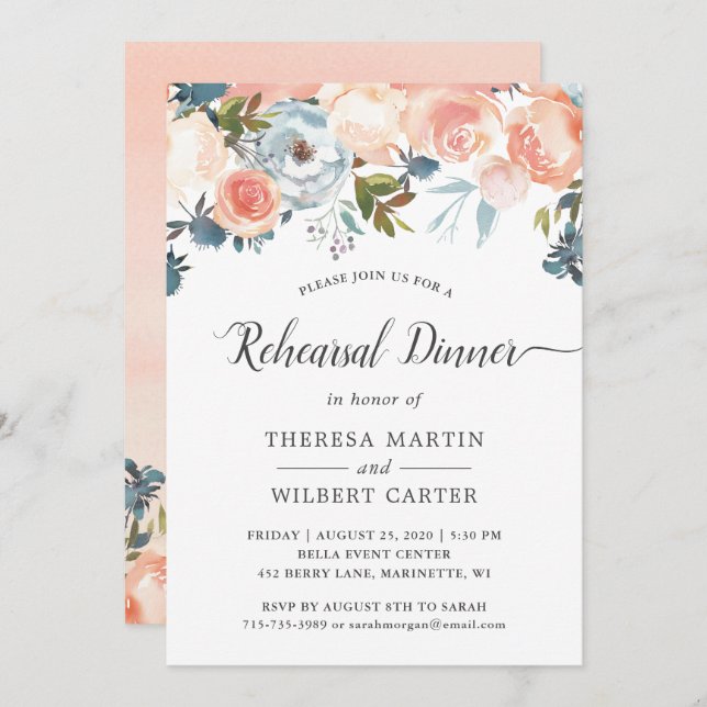 Rustic Peach Floral Fall Wedding Rehearsal Dinner Invitation (Front/Back)