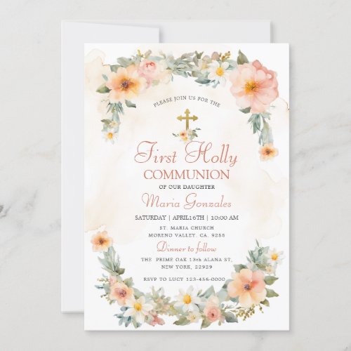 Rustic Peach Floral First Holy Communion  Invitation