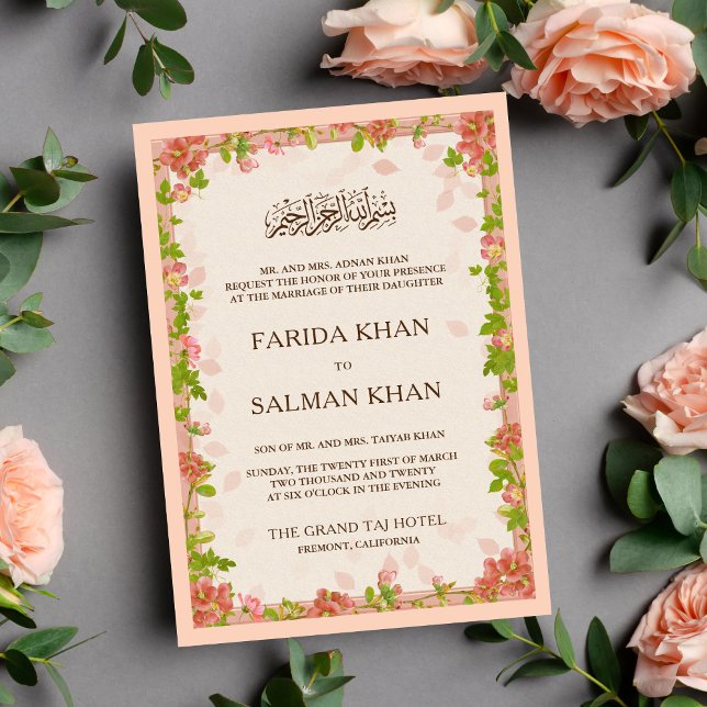 Rustic Peach Floral Frame Islamic Muslim Wedding Invitation (Creator Uploaded)