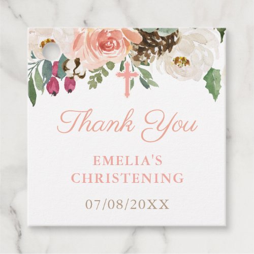 Rustic Peach Floral Girl Baptism Thank You Favor Tags