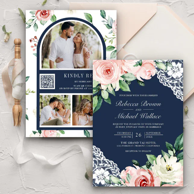 Rustic Peach Floral Lace Navy Blue QR Code Wedding Invitation | Zazzle