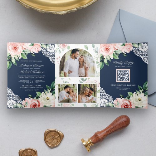 Rustic Peach Floral Lace Navy Blue QR Code Wedding Tri_Fold Invitation