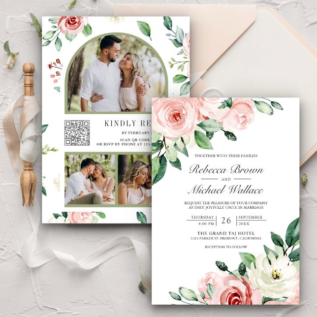 Rustic Peach Floral Photo Collage QR Code Wedding Invitation (Creator Uploaded)