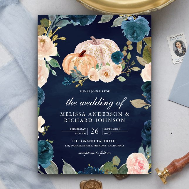 Rustic Peach Floral Pumpkin Navy Blue Wedding Invitation (Creator Uploaded)